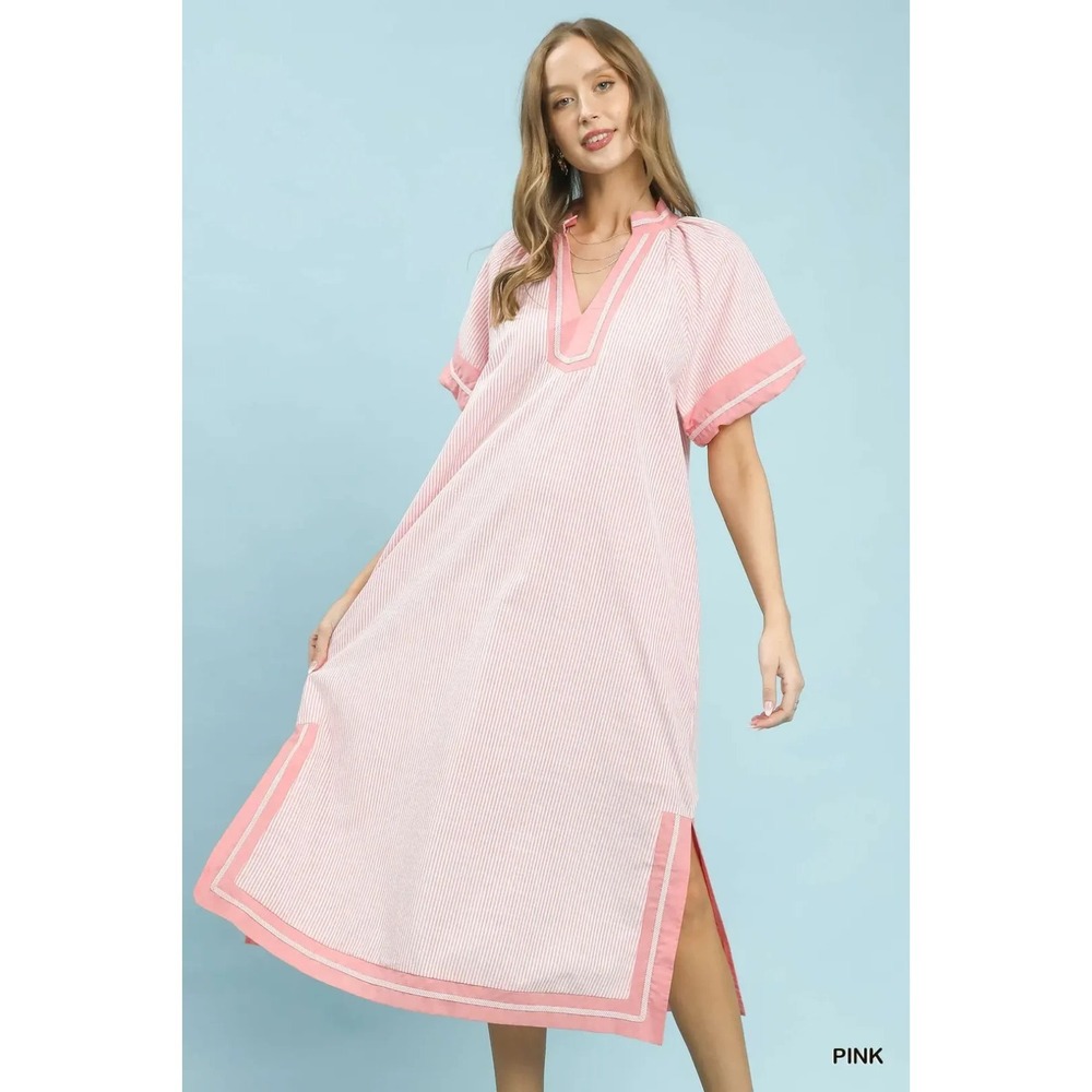 Umgee Pinstripe Contrast Trim Midi Dress - Pink - Medium